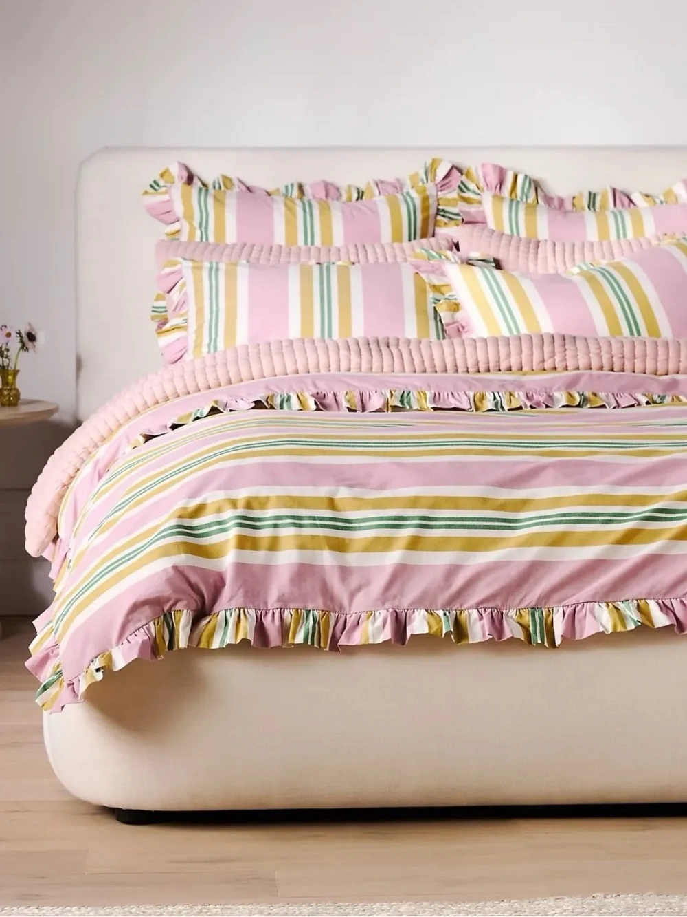 🔆🎀💚 Anthropologie Maeve Mele Striped Ruffle Duvet Cover KING* like new 💚🎀🔆
